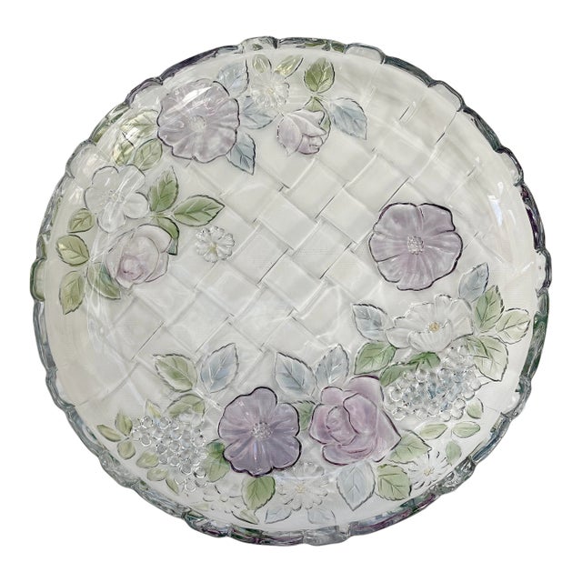 Vintage Pastel Flower Round Glass Serving Platter For Sale
