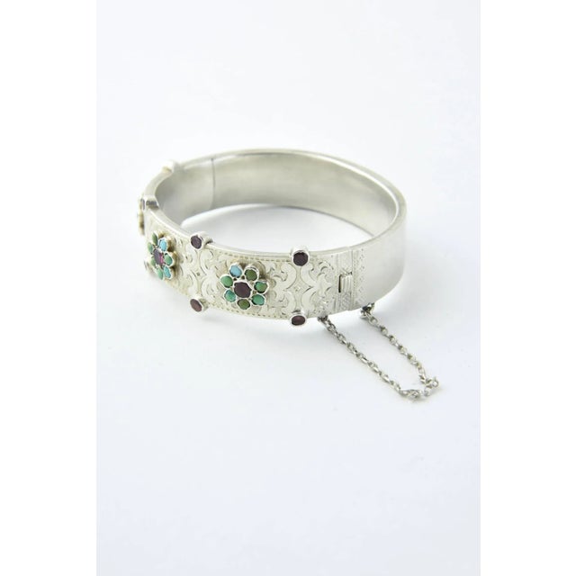 Silver Fine Austro Hungarian Ruby Turquoise Flower Etched Silver Bangle Bracelet For Sale - Image 8 of 8