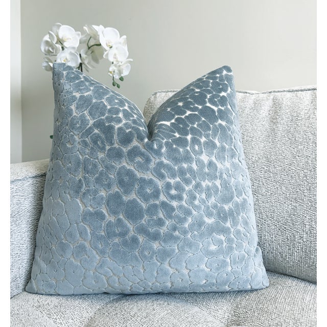 Add a soft statement to your space with our sky blue velvet leopard pillow. This design pairs a subtle animal-inspired...