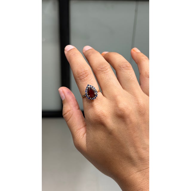 Asian Antique Retro Style 18k Yellow Gold 1.77ct Rubelite & Blue Sapphire Halo Ring Size 8 For Sale - Image 3 of 17