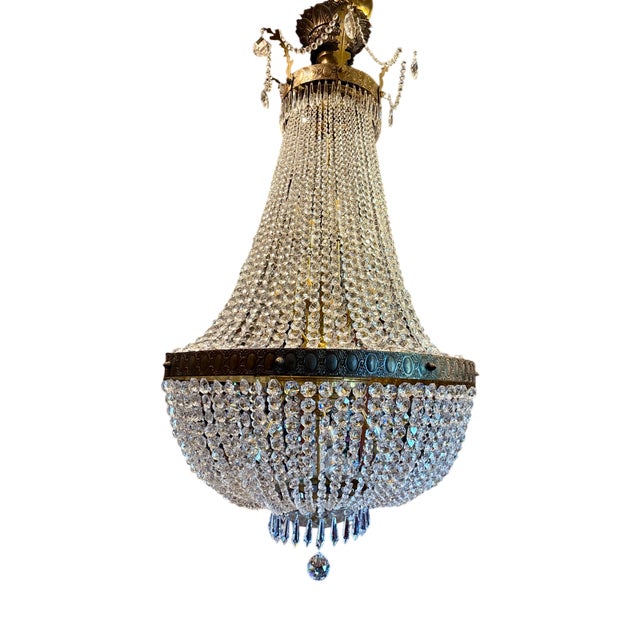 Monumental Bronze and Cut Crystal Basket Chandelier, 1930s For Sale