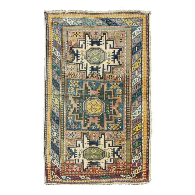 Late 19th Century Antique Colorful Kuba Caucasian Rug With Star Medallions in Green Blue Yellow For Sale