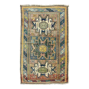 Late 19th Century Antique Colorful Kuba Caucasian Rug With Star Medallions in Green Blue Yellow
