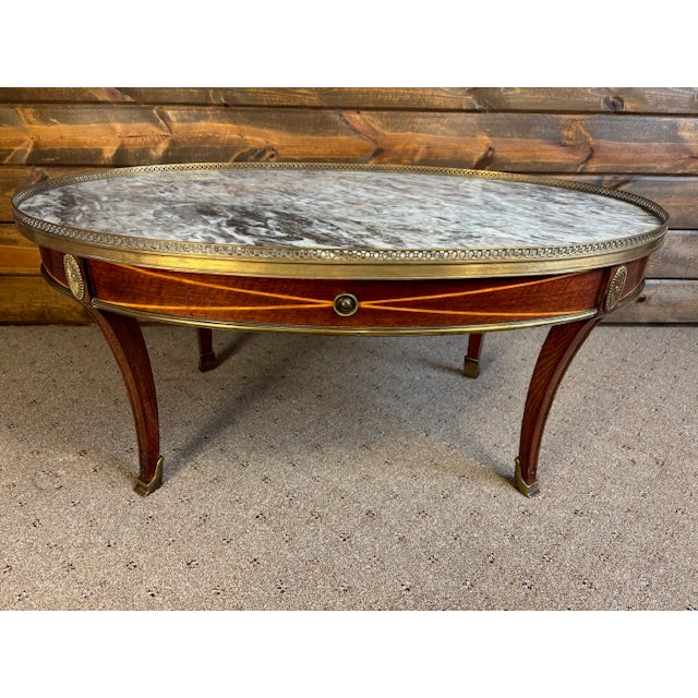 Vintage French Louis XVI Style Oval Coffee Table With Marble Top and Brass Gallery For Sale In Atlanta - Image 6 of 12