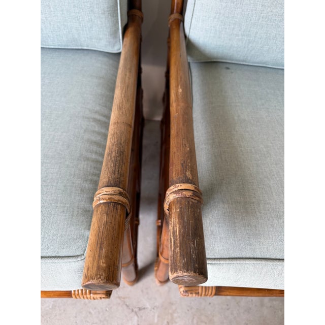 Vintage Rattan Bamboo Lounge Chairs With Cushions – A Pair For Sale - Image 12 of 18