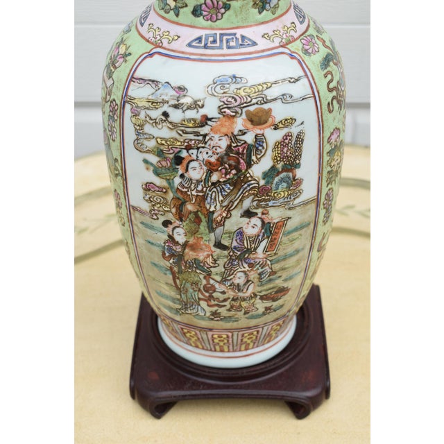 Vtg. Figural Raised Painted Chinese Vase W/Rosewood Stand For Sale - Image 13 of 15