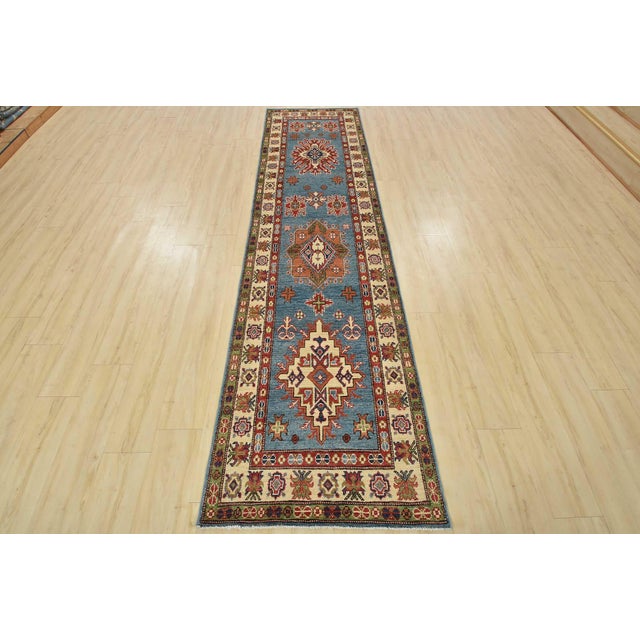 Farmhouse Kazak Runner 2’10” X 11’1” Blue Wool Tribal Hand-Knotted Oriental Rug For Sale - Image 3 of 13