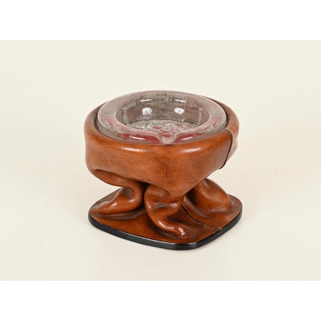 Sculptural Curved Leather and Crystal Ashtray by Jacques Adnet, Italy, 1950s For Sale - Image 11 of 13