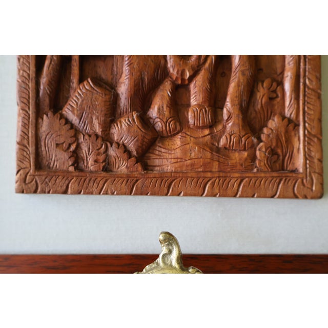 Vintage Southeast Asian Carved Teak Elephant, House & Temple Relief on Silk For Sale - Image 12 of 15