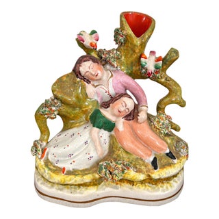 Antique Victorian Staffordshire Figural Spill Vase With Sleeping Children & Birds, C. 1860 For Sale