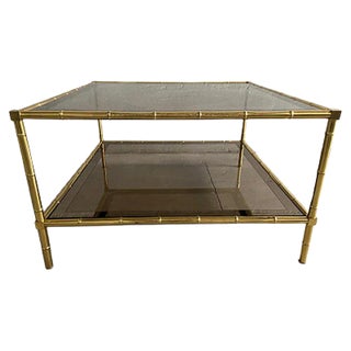 French Brass, Faux Bamboo & Smoked Glass Coffee Table, 1960s For Sale