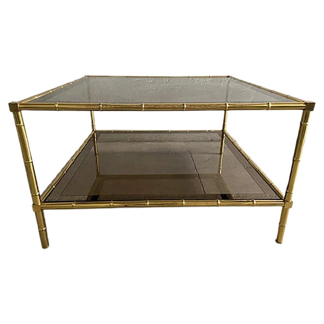 French Brass, Faux Bamboo & Smoked Glass Coffee Table, 1960s For Sale