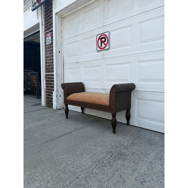 Vintage Boho Woven Rattan Wicker Scroll Arm Upholstered Bench For Sale - Image 4 of 12