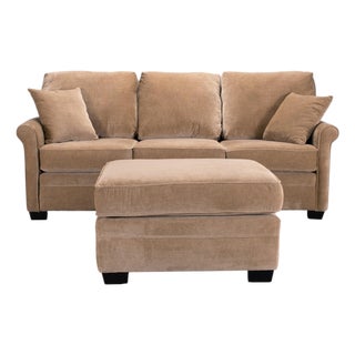 Three Seat Rolled-Arm Sofa and Ottoman in Camel Velvet Us Made For Sale