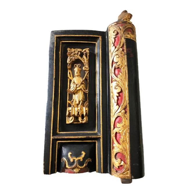 Antique Asian Lacquer Wood Carved Buddha Wall Hanging For Sale