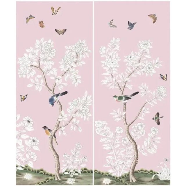 36" *72"/Panel, a Set of 2 Panels Pink Chinoiserie Printed Wallpaper Panels, No Frame,Tea Wallpaper For Sale