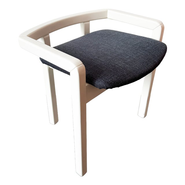 Vintage Modernist White Lacquered Wood Armchair with Dark Blue Upholstery, 1980s For Sale
