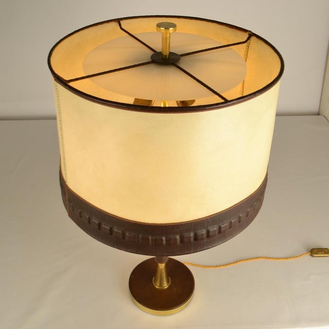 Leather and Brass Table Lamp with Parchment Shade, 1960s For Sale - Image 11 of 12