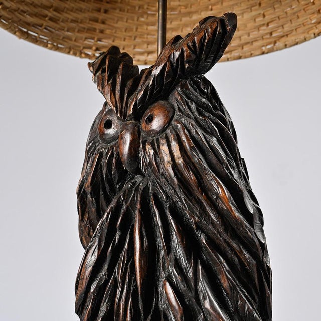 Wood Carved Wood Owl Table Lamp from Beal, 1970s For Sale - Image 7 of 11
