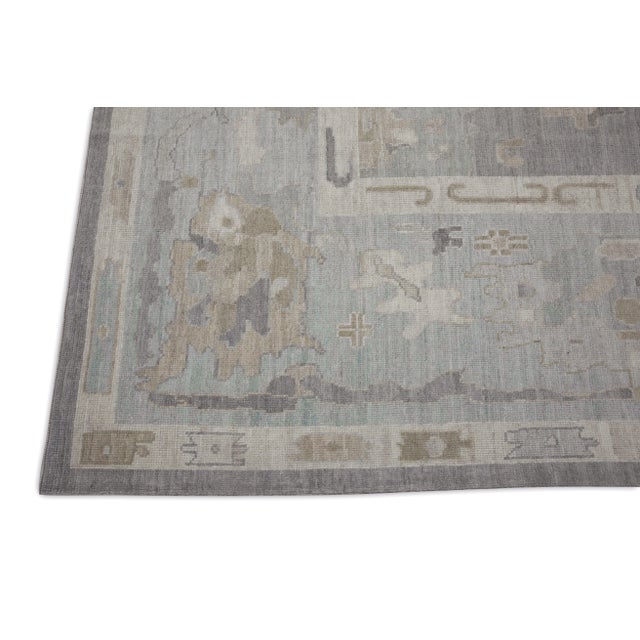 Modern Early 21st Century Blue Floral Design Handwoven Wool Turkish Oushak Rug 12'1" X 15'6" For Sale - Image 3 of 8
