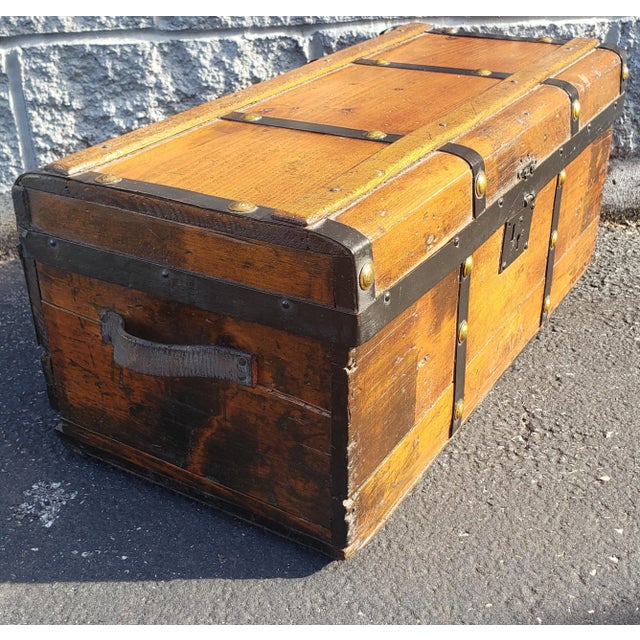 Antique Pine, Iron and Brass Map or Utility Trunk Chest For Sale - Image 4 of 9