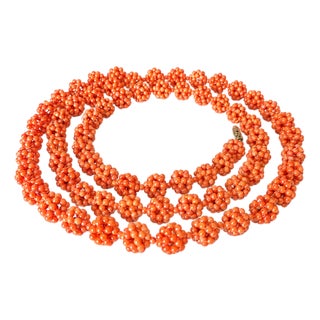 Antique Salmon Coral Beaded Necklace, 12k White Gold Clasp, 31.5" For Sale