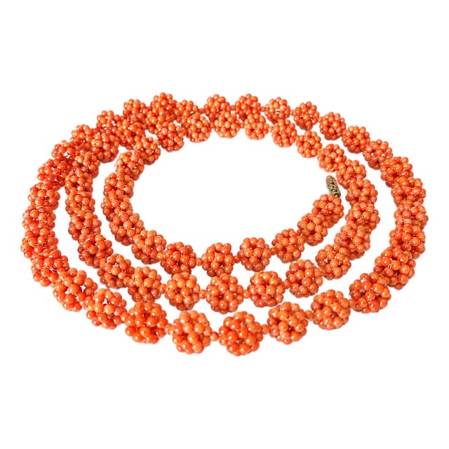 Antique Salmon Coral Beaded Necklace, 12k White Gold Clasp, 31.5" For Sale