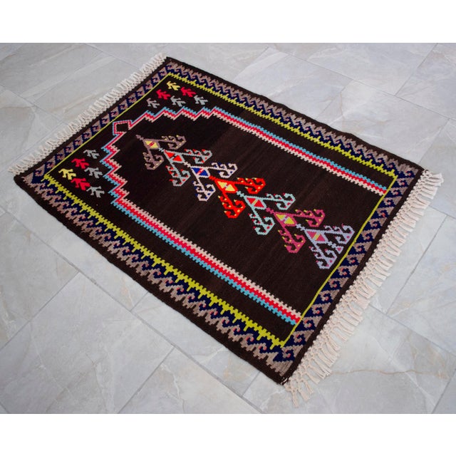 Handwoven Kilim 3x4 - Vintage Turkish Prayer Rug - Dark Brown Organic Wool - Tree of Life Wall Hanging - Small Tribal Accent Rug For Sale - Image 10 of 11