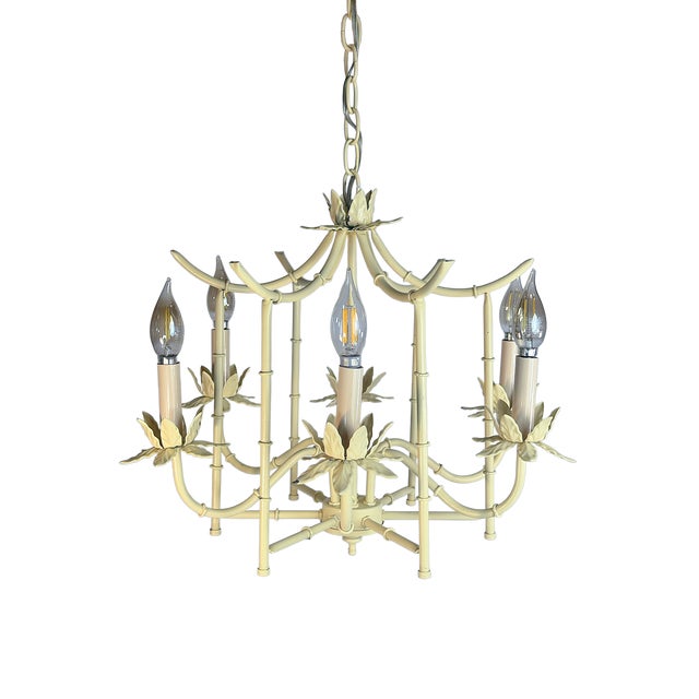 Light Yellow Vintage Faux Butter Cream Bamboo Pagoda Tole 5-Light Chandelier For Sale - Image 8 of 8