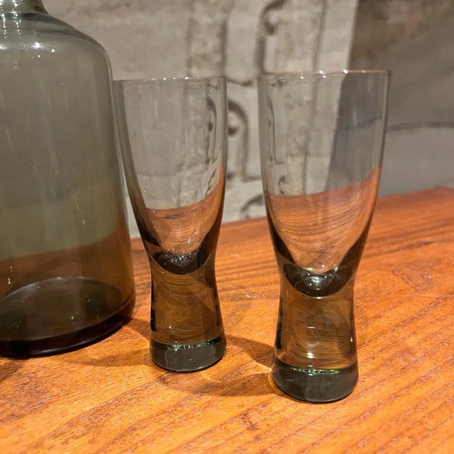 Mid-Century Modern Mid-Century Modern Smoke Glass Decanter Set With Four Shot Glasses Scandinavian For Sale - Image 3 of 11