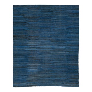 Modern Handmade Deep Indigo Wool Kilim Rug – Minimalist Contemporary Flatweave For Sale