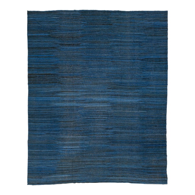 Modern Handmade Deep Indigo Wool Kilim Rug – Minimalist Contemporary Flatweave For Sale