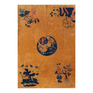 1920s Orange Medallion Scene Antique Chinese Art Deco Carpet 6' X 8'6 Knotted Wool Rug For Sale