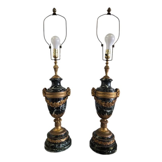19th Century French Bronze & Marble Urn Lamps - A Pair For Sale