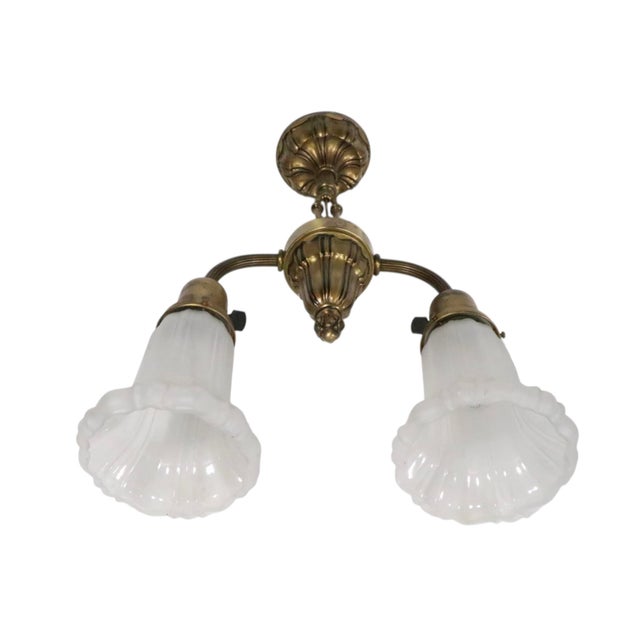 Early Electric Brass and Glass Two Arm Light Fixture C. 1900/20's For Sale - Image 12 of 18