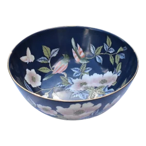 Mid 20th Century Chinese Large Blue Porcelain Bowl Hand Painted With Flowers Birds