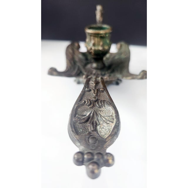 Antique Brass Rococo Revival Chamberstick Candle Holder With Verdigris Patina For Sale - Image 9 of 12