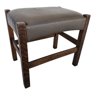 1910s Signed J M Young Mission Style Leather and Wood Footstool For Sale