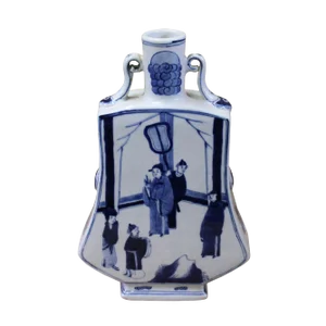 Chinese Blue White Porcelain People Graphic Flat Body Vase