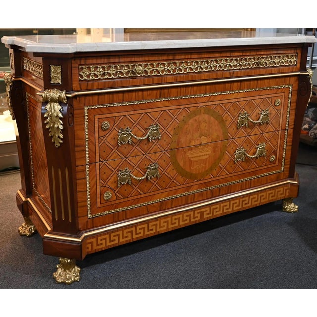 French Louis XVI Style Ormolu Mounted Commode With Italian White Marble Top For Sale - Image 3 of 8
