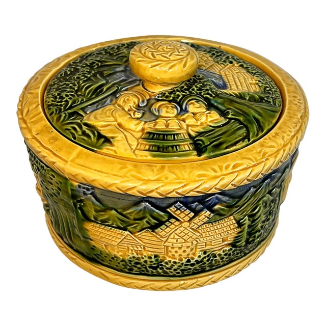 Vintage George Jones Style Majolica Biscuit Container For Sale