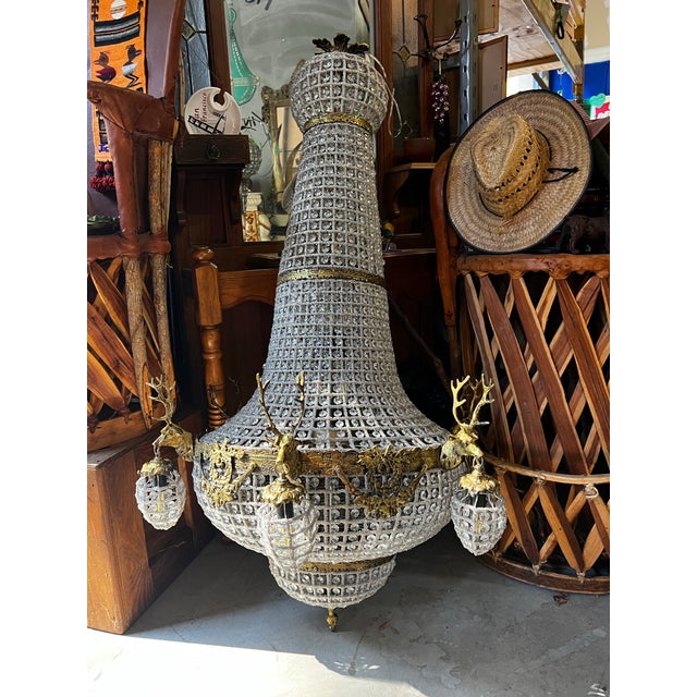 Vintage Extra Large Gold and Crystal Deer Head 18-Light Chandelier For Sale - Image 9 of 12