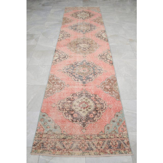 Salmon 3x12 Vintage Oushak Runner Rug, Faded Salmon Pink and Sage Green Hallway Runner, 1970s Handmade Anatolian Corridor Rug, Kitchen Runner For Sale - Image 8 of 13