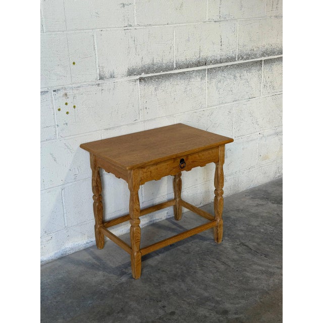 Oak Side Table With Single Drawer Turned Legs and Metal Pull Accent Vintage 1970s For Sale - Image 4 of 10
