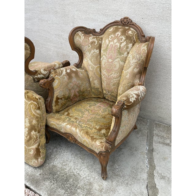 Set of Louis XV Style Armchairs in Brocade and Velvet Fabric, 1920s For Sale - Image 6 of 8