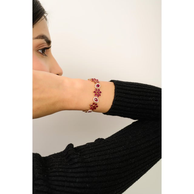 12.37 CTW Pear Cut Floral Pure Red Ruby & Diamond Bracelet in 14k Yellow Gold For Sale - Image 4 of 13