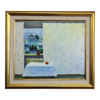 Mid-Century Modern 'Room With a View' Vintage Swedish Original Interior Oil Painting, Framed For Sale