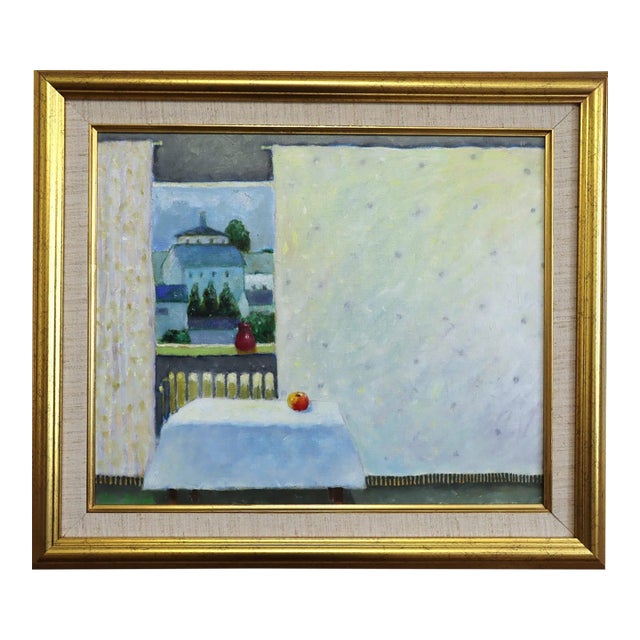 Mid-Century Modern 'Room With a View' Vintage Swedish Original Interior Oil Painting, Framed For Sale