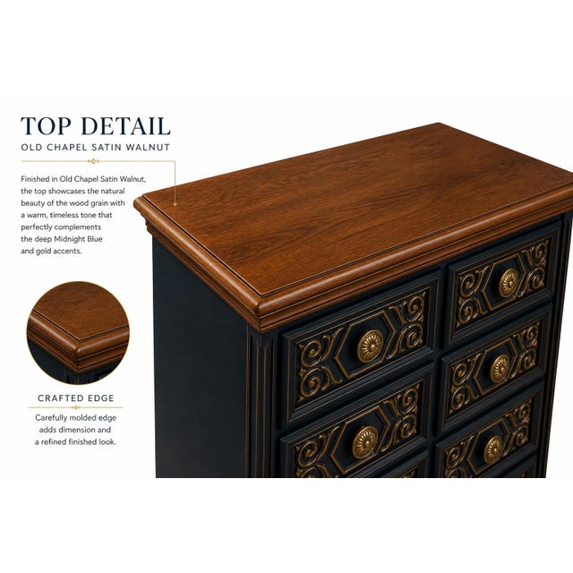 Vintage 1970s Drexel-Attributed Tallboy Dresser — Custom Midnight Blue & Gilded Finish, Dovetail Construction For Sale - Image 9 of 10