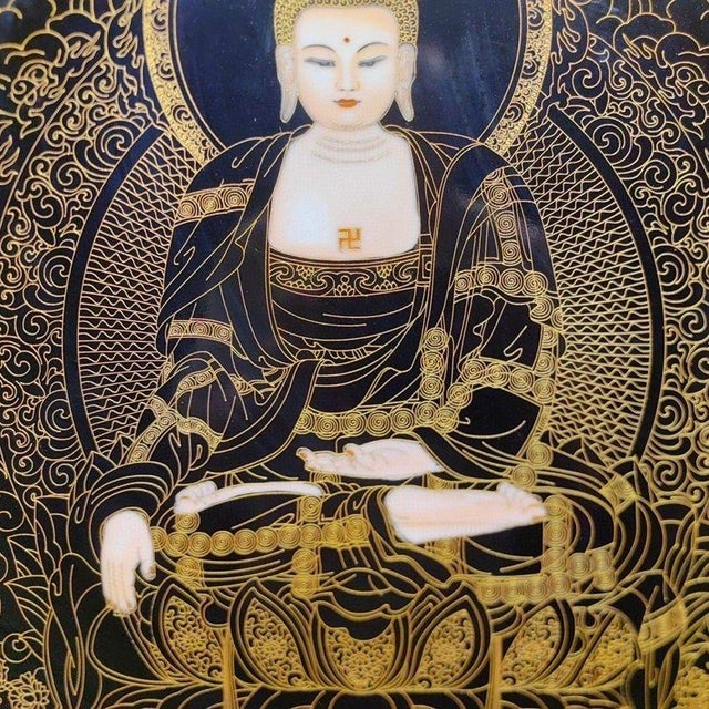 Traditional Late 20th Century Large Cloisonné-Style Porcelain Thangka Plaque of Shakyamuni Buddha in Wood Frame For Sale - Image 3 of 9